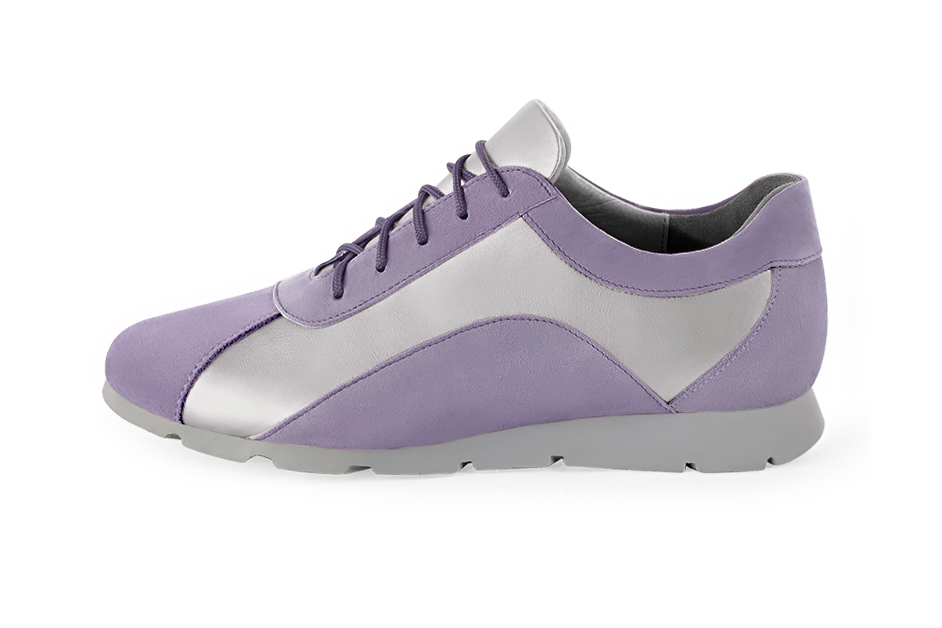 Lilac purple and light silver women's three-tone elegant sneakers. Round toe. Flat rubber soles. Profile view - Florence KOOIJMAN